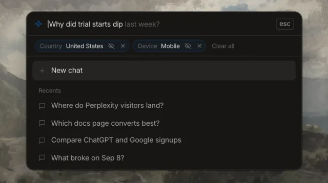 Ask Clerion panel with the question "Why did trial starts dip last week?", filtered to United States and Mobile, above recent chats