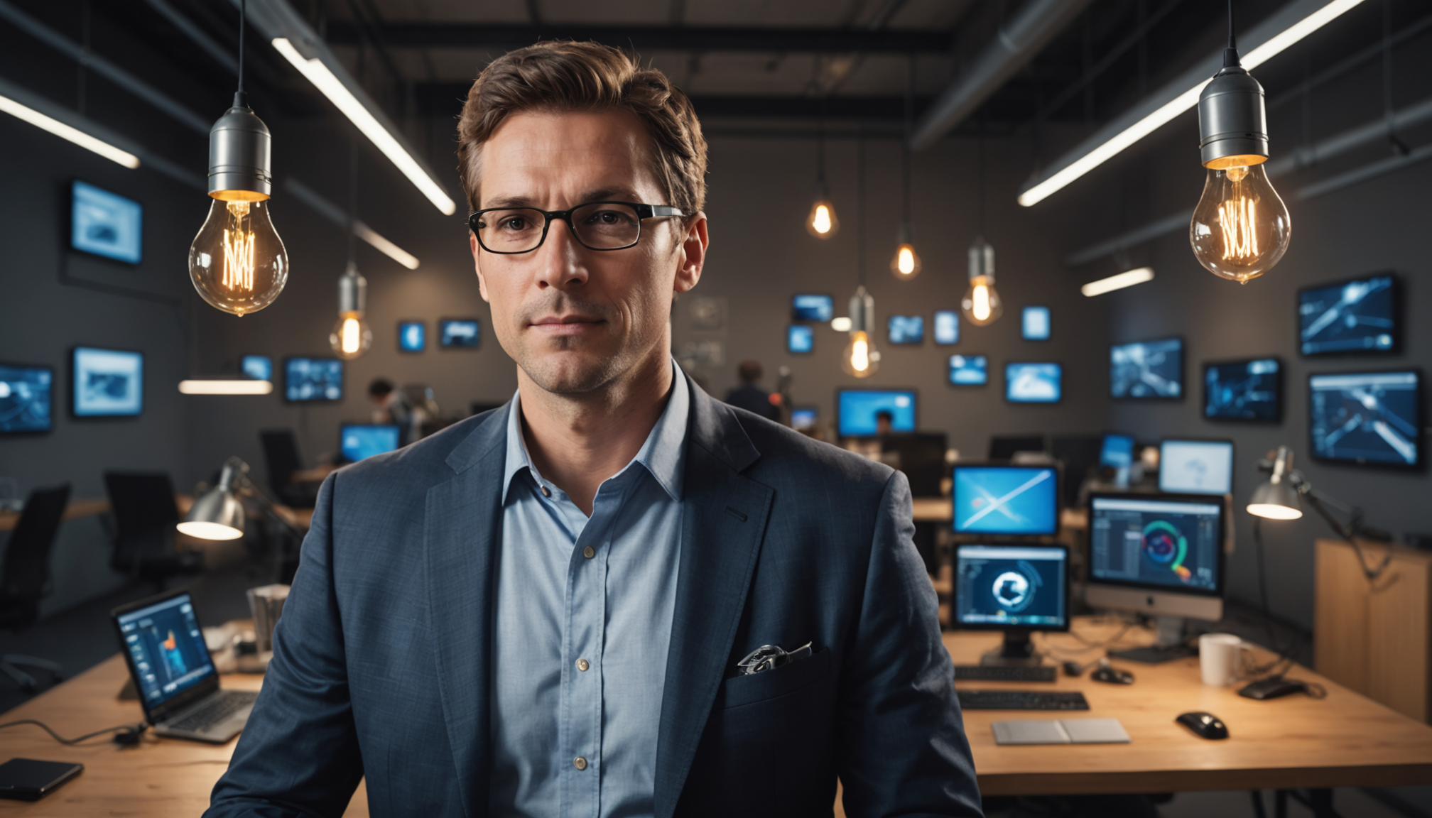 Innovative entrepreneur shining in modern tech environment