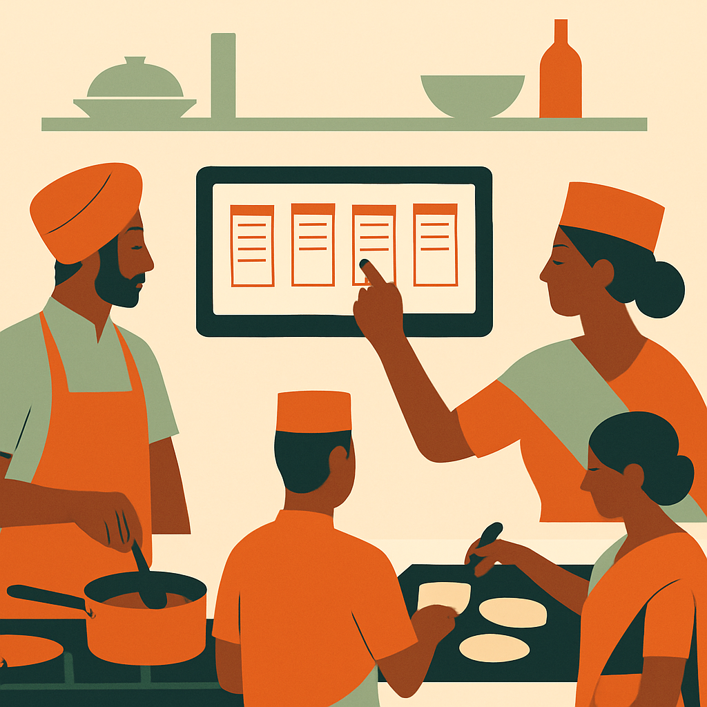 Kitchen staff using kitchen display system during peak hour in Indian restaurant