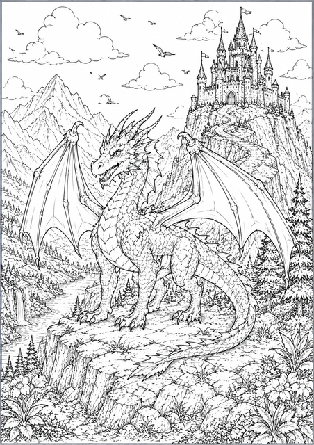 Printable Dragon Castle Guardian colouring page for kids
