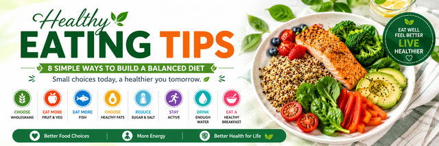 healthy eating tips with balanced meal, fruits, vegetables, whole grains, water, and fish