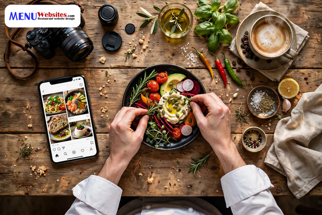 Chef styling a dish on a wooden table next to a phone showing restaurant social media posts