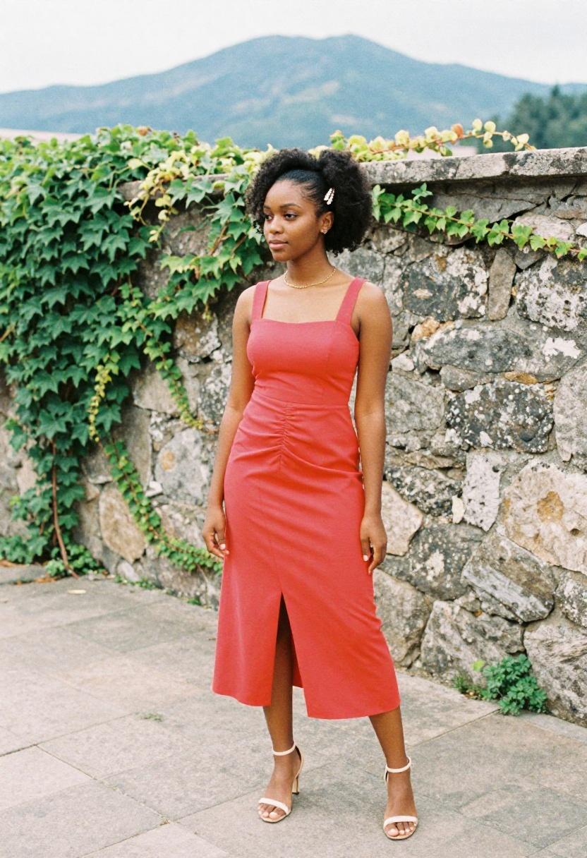 Coral-red ruched midi dress with high slit against ivy backdrop for Easter Sunday