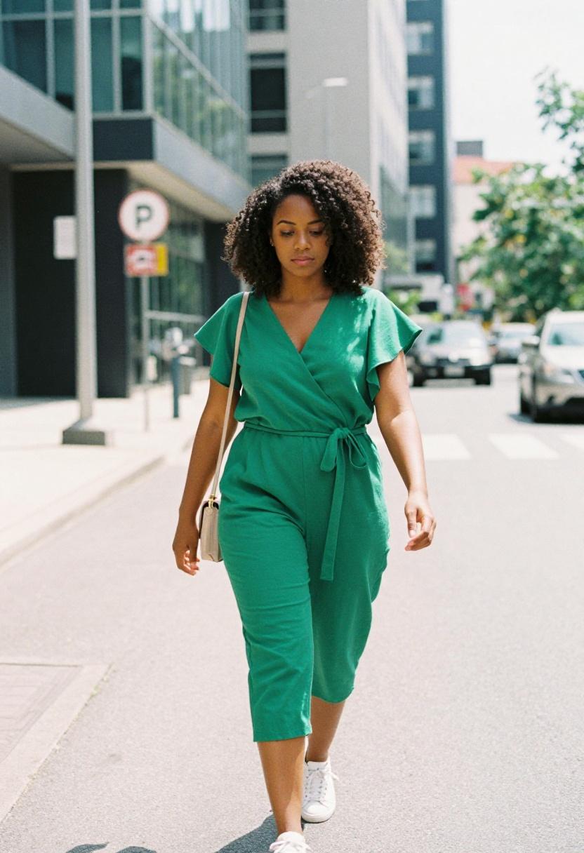 Emerald green wrap romper for urban spring street style with confident fresh energy