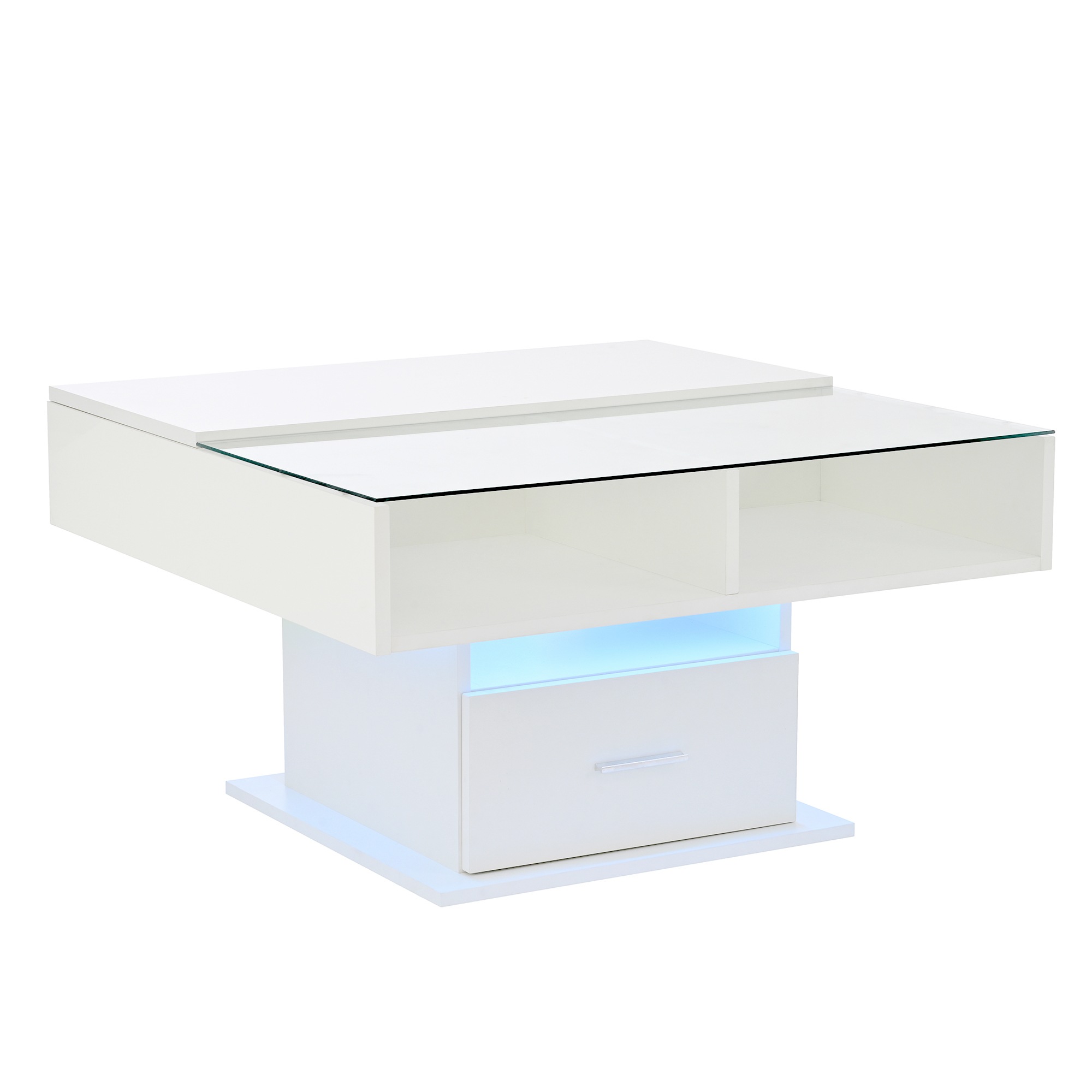 Table Basse Blanc, Rangement, Éclairage LED, Gestion des Câbles, Portes Vitrées, Étagères Réglables - 78x78x45cm - Salon 4