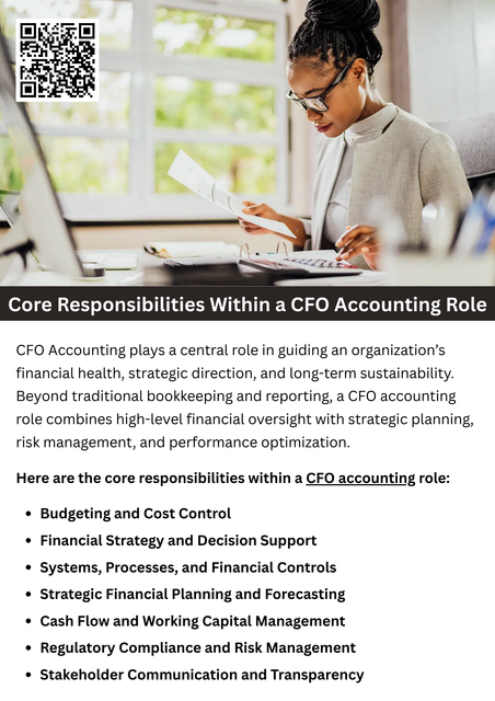 The core responsibilities within a CFO accounting role extend far beyond basic accounting functions. From strategic planning and financial analysis to compliance, risk management, and decision support, CFO accounting serves as the financial backbone of an organization. By providing clarity, control, and strategic insight, CFO accounting enables businesses to scale sustainably, improve profitability, and navigate financial complexity with confidence. To know more visit here https://www.straighttalkcpas.com/cfo-services