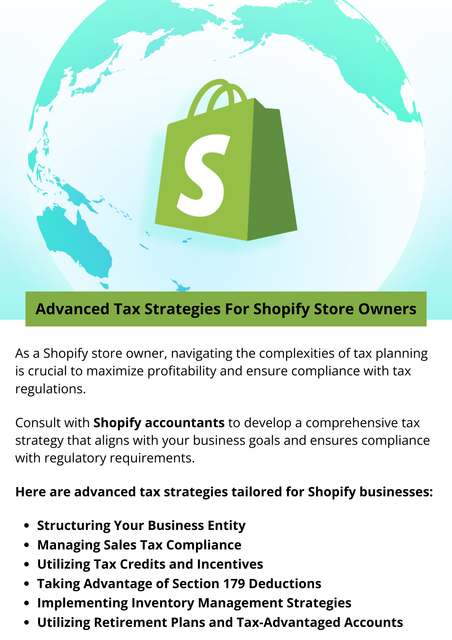 As a Shopify store owner, navigating the complexities of tax planning is crucial to maximize profitability and ensure compliance with tax regulations. Implementing advanced tax strategies can help you optimize deductions, manage tax liabilities, and strategically plan for future growth. To know more visit here https://www.esenshi.com/shopify-accounting