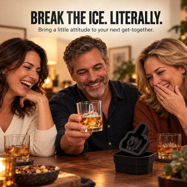 Friends laughing around a drink with hand-shaped ice