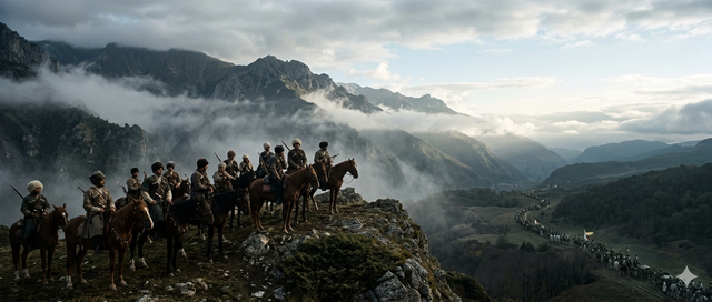 Circassian horsemen watching Russian forces advance through Caucasus valley