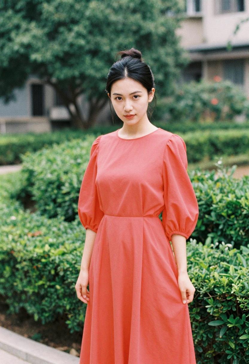 Coral flowy midi dress with puff sleeves for romantic spring bridal shower