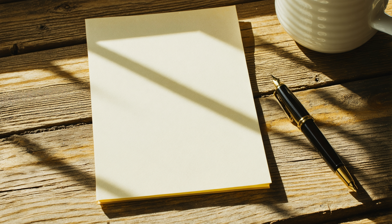 A single blank yellow legal pad on a wooden desk in soft morning light, one pen resting beside it.