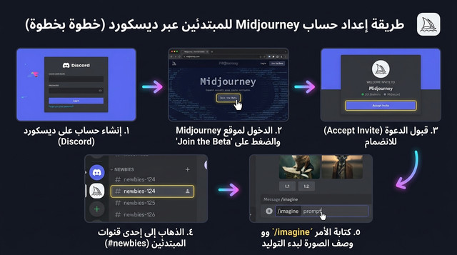 خطوات إعداد حساب Midjourney عربي للمبتدئين عبر Discord خطوة بخطوة