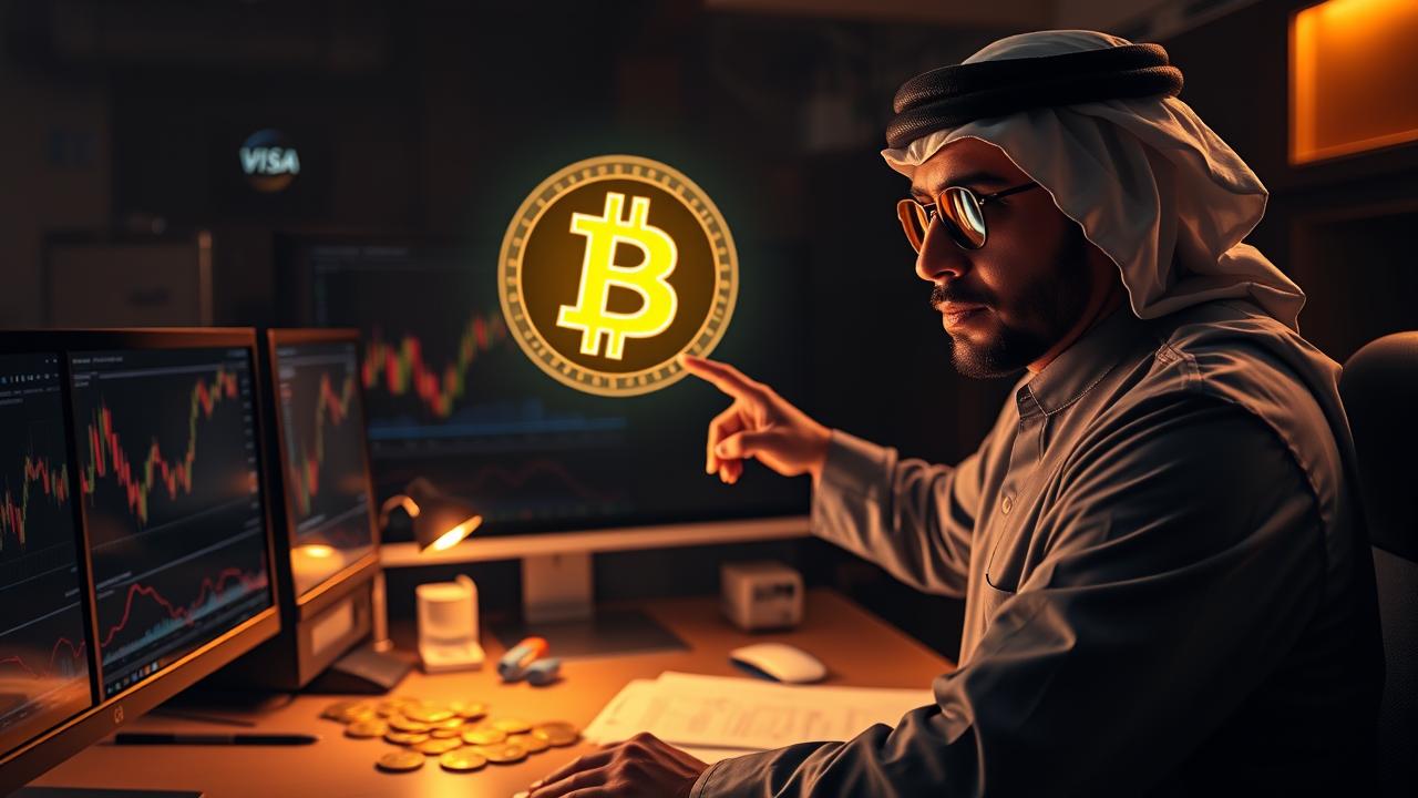 رمز بيتكوين مجسم يطفو أمام محلل عربي في مكتبة