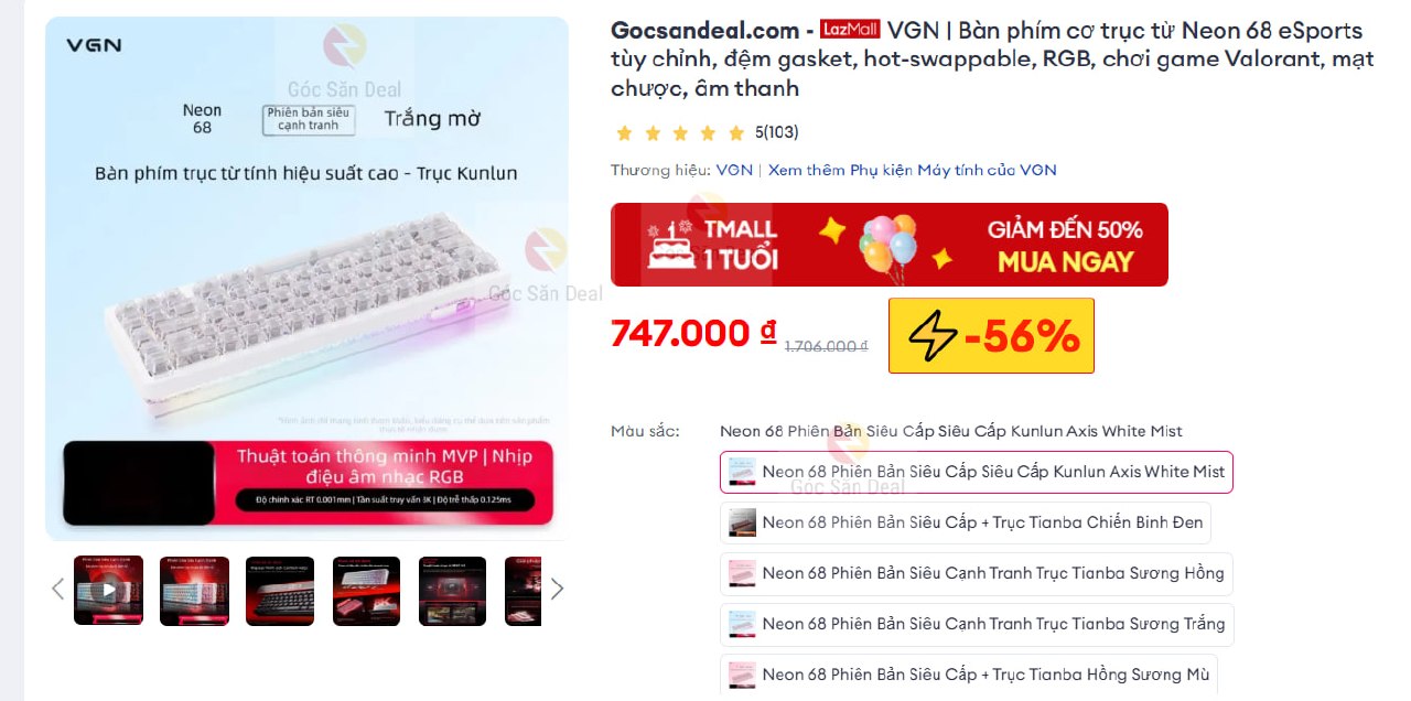 VGN | Bàn phím cơ trục từ Neon 68 eSports tùy chỉnh, đệm gasket, hot-swappable, RGB, chơi game Valorant, mạt chược, âm thanh