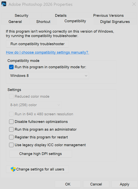 Photoshop compatibility mode Win 8