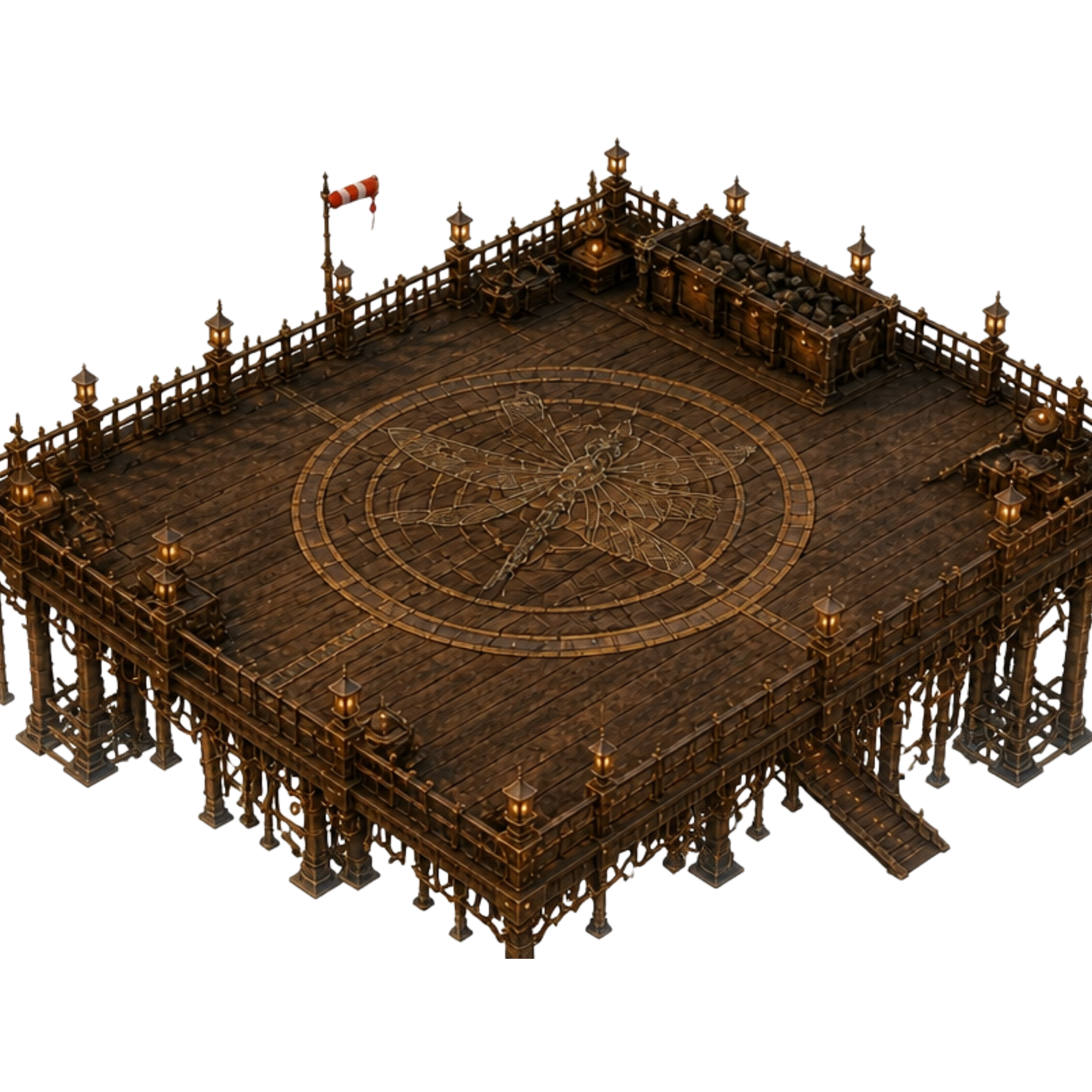 Basalt's landing pad with railings, lanterns, and a rock drop-off box.