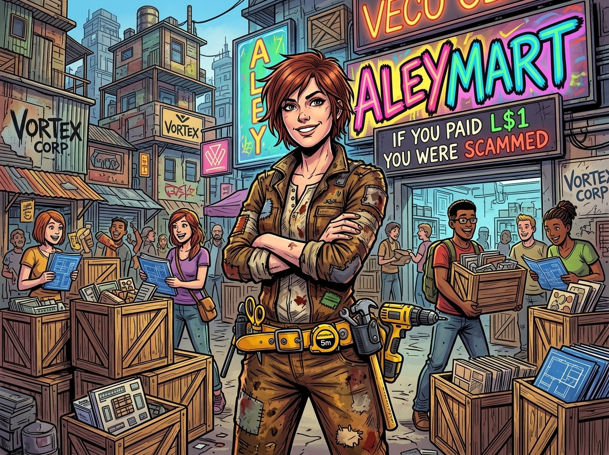 Arcadia Asylum (Aley Vortex) at the legendary AleyMart Freebie Center in Slum City with her iconic yellow utility toolbelt