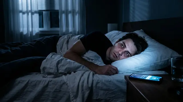 Restless person lying awake in dark bedroom with glowing smartphone on nightstand casting blue light