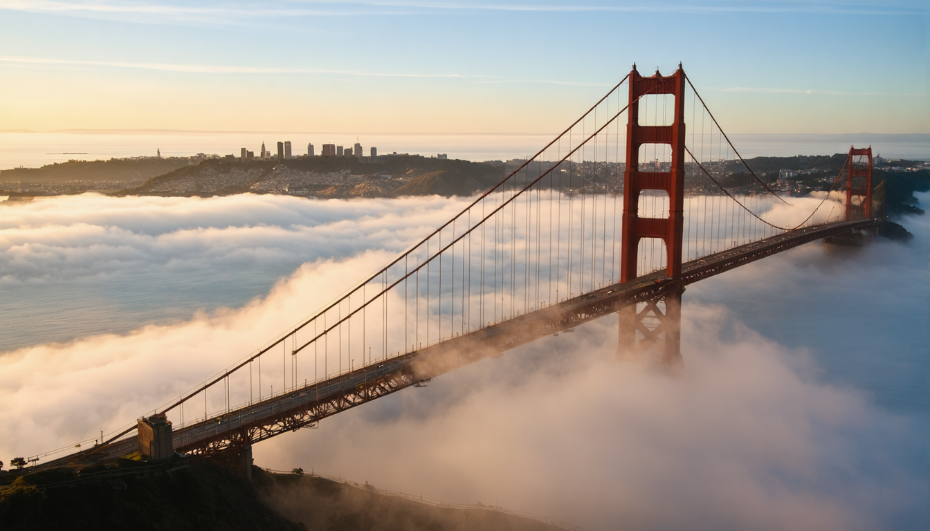 Dense coastal fog partially obscuring the towers of a suspension bridge at dawn, layers of steel and cable emerging and disappearing.