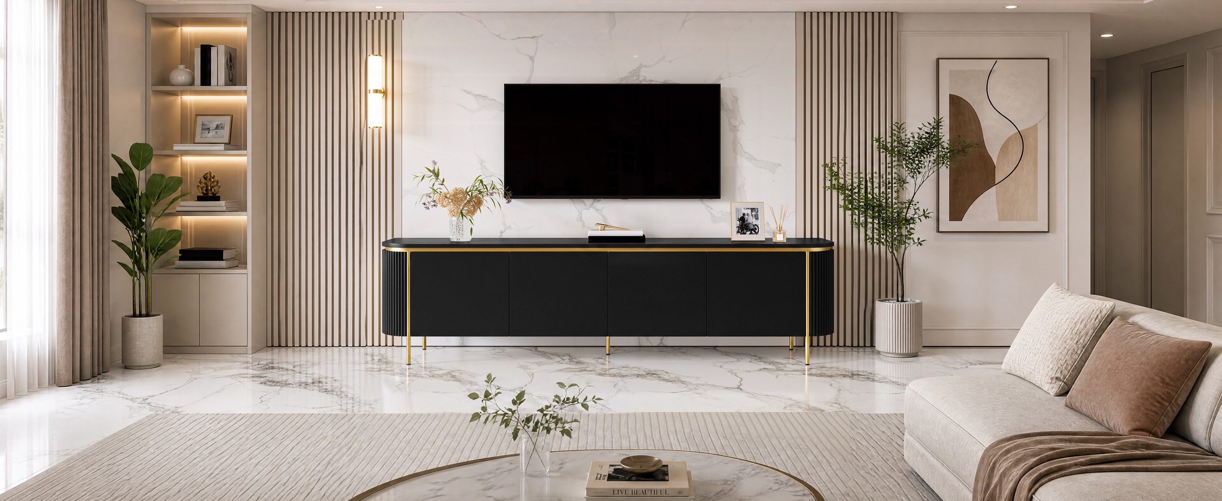 Meuble TV Noir, 1 Porte, Rangement, Gestion des Câbles, Design Moderne, Angles Arrondis, Façade Texturée - 180x38x46cm - Salon 1