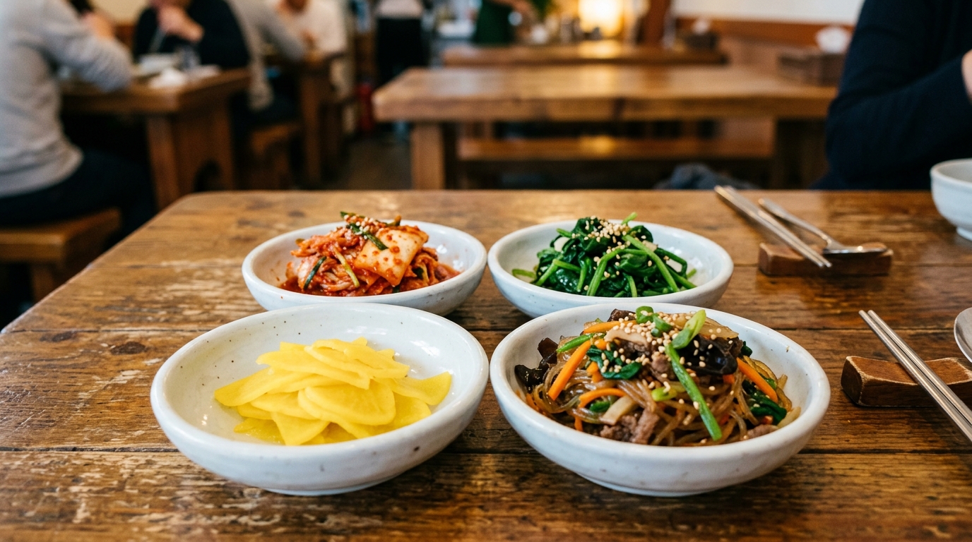 Close-up of individual banchan dishes — kimchi, spinach namul, pickled radish, and japchae