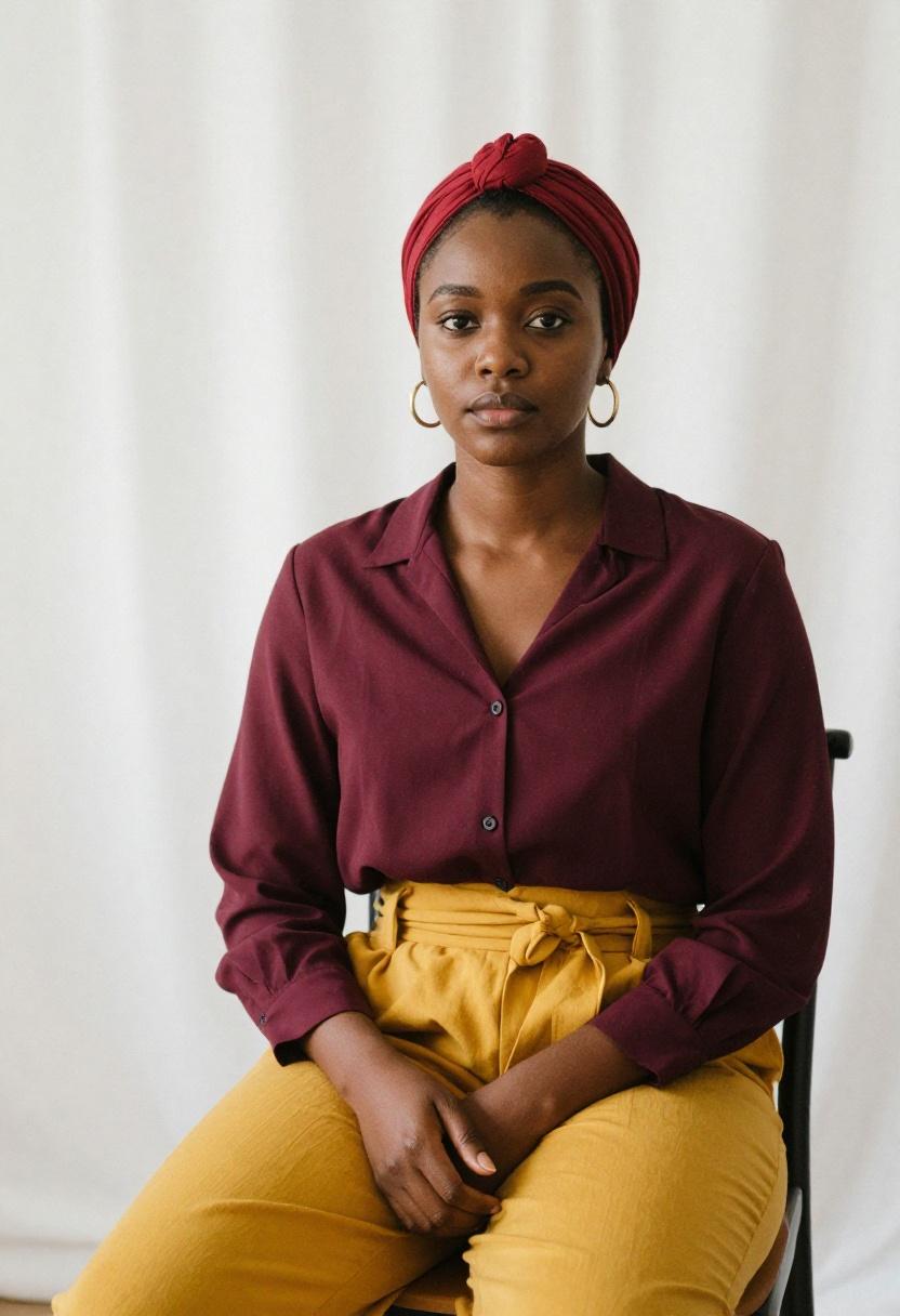 Mustard yellow belted trousers with deep burgundy blouse for vibrant office-ready combination