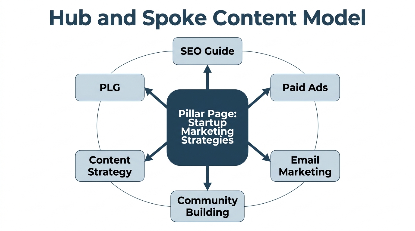 Hub and spoke content model diagram showing a central pillar page on startup marketing strategies connected to six subtopic spoke articles