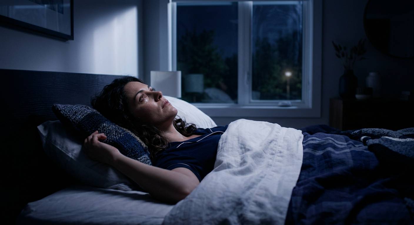 Gestresste person liegt wach im bett gedankenkarussell.