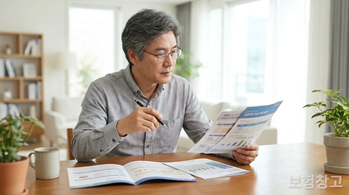 50대 한국인이 깨끗한 나무 책상에서 두 가지 보험 브로슈어를 나란히 놓고 펜을 들고 신중하게 비교하는 모습, 밝고 차분한 홈 오피스 배경