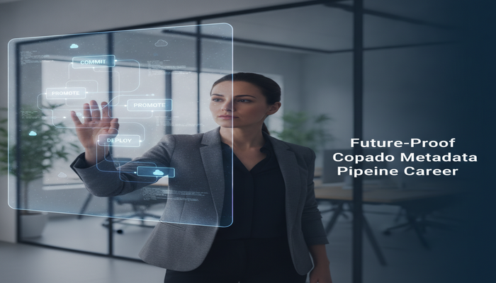 Future-Proof Copado Metadata Pipeline Career A professional engaging with a holographic display showing a dynamic Copado metadata pipeline, symbolizing career growth and efficient Salesforce DevOps. The image title 'Future-Proof Copado Metadata Pipeline Career' is visible on the screen.