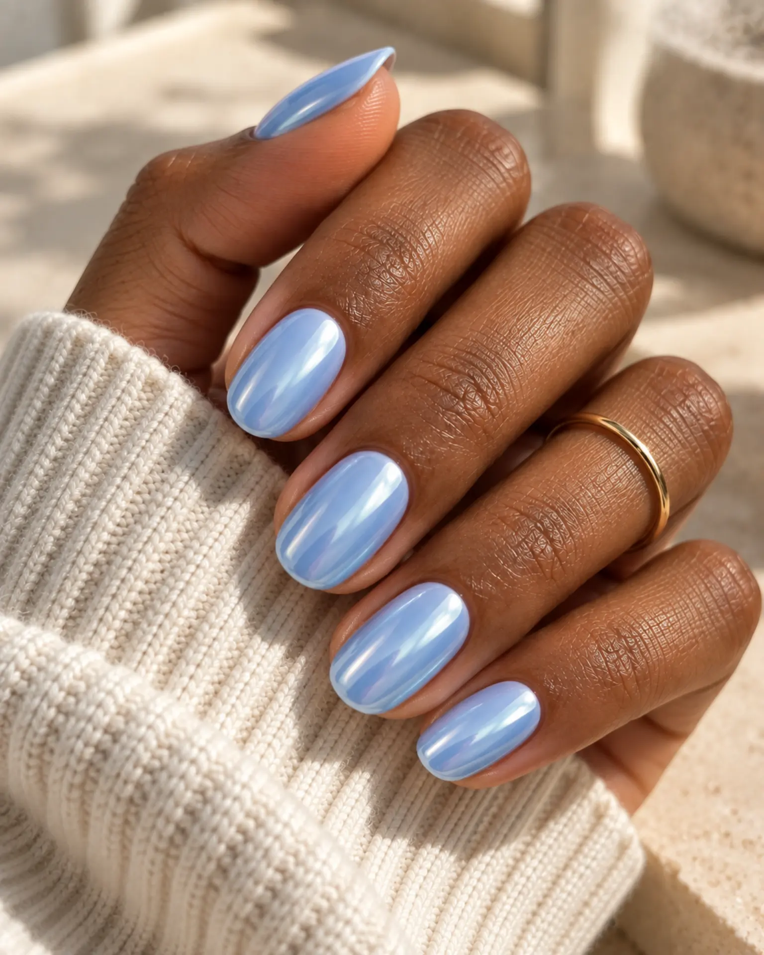 Powder Blue Chrome Glaze manicure inspiration for blue nail ideas