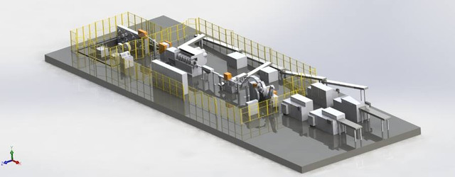 Projeto 3D de linha industrial com guardas de segurança
