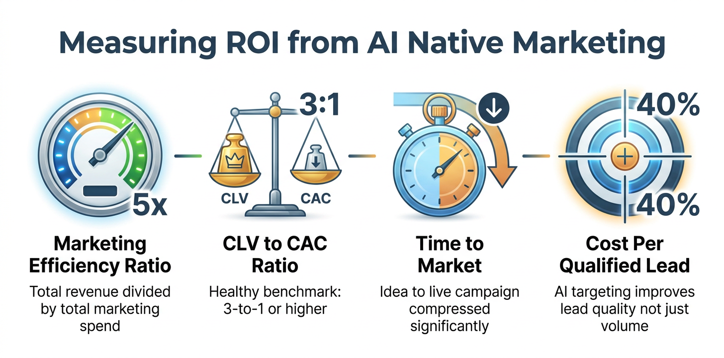 Four-metric ROI callout infographic for AI native marketing investment tracking: Marketing Efficiency Ratio, CLV to CAC Ratio, Time to Market, and Cost Per Qualified Lead — with realistic icons and #274059 navy accents