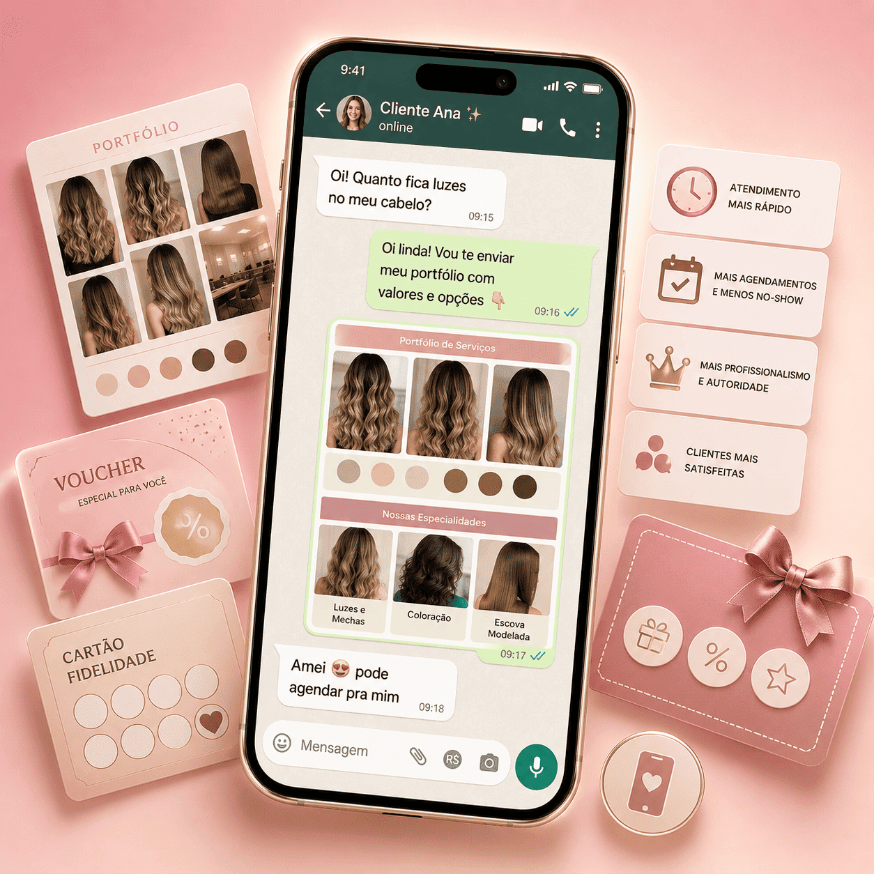 Demonstração do kit de WhatsApp profissional para cabeleireiras