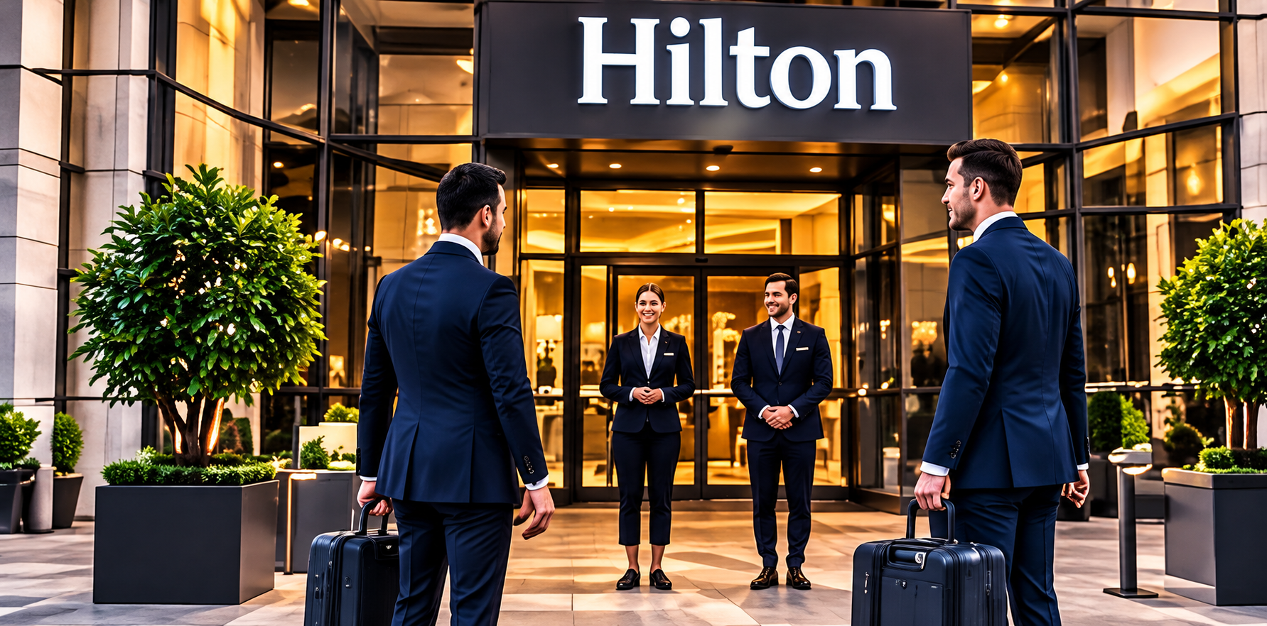 Zakelijke hotelgasten bij een hotelingang