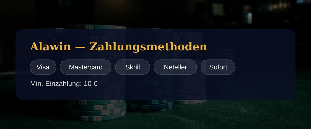 Alawin  Zahlungsmethoden: Visa, Mastercard, Skrill, Neteller, Sofort