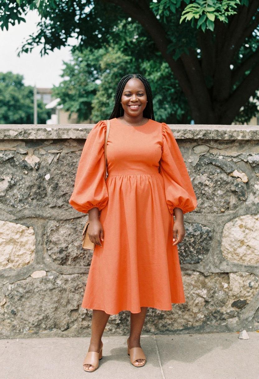 Plus size woman in tangerine orange bishop-sleeve dress with playful spring confidence