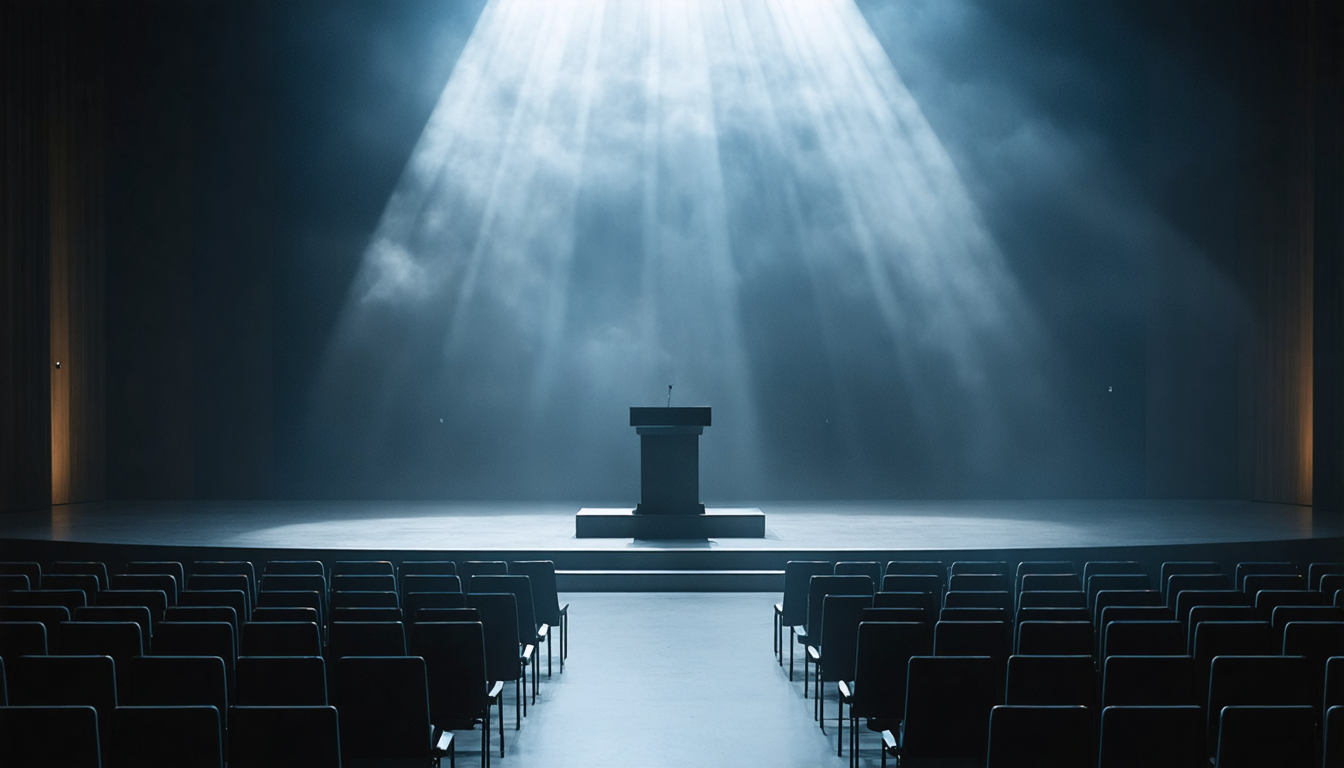 An empty conference stage with a single podium and harsh overhead lighting, no audience visible, chairs empty in shadow.