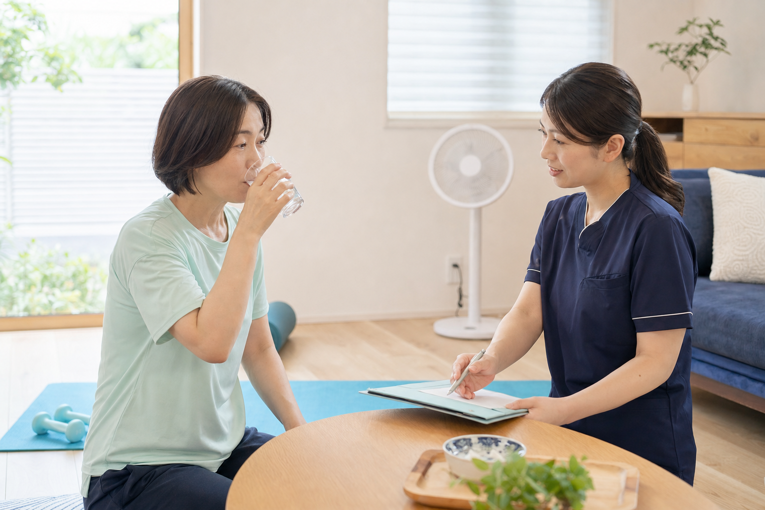 運動後に水分をとり休憩しながら運動量を相談する様子