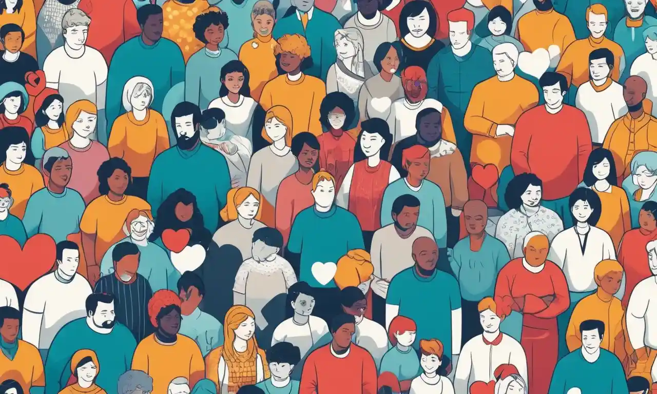 Un grupo diverso de personas de diferentes estructuras familiares, con burbujas de pensamiento y corazones que los rodean.