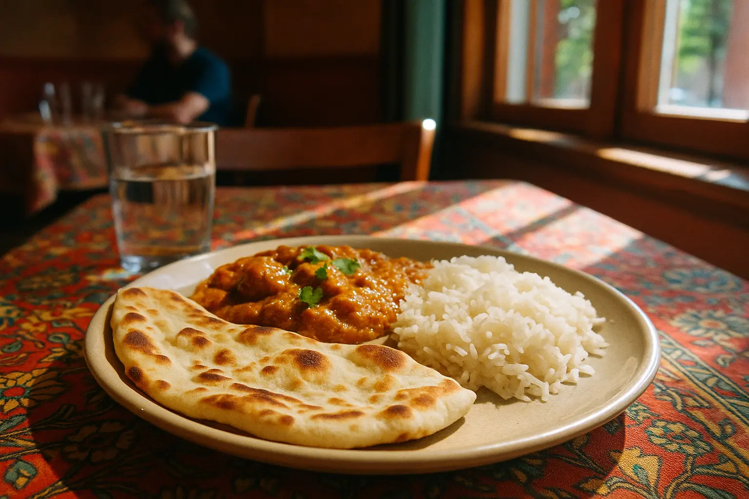 Tallerken med indiske retter som karry, naanbrød og ris på et bord