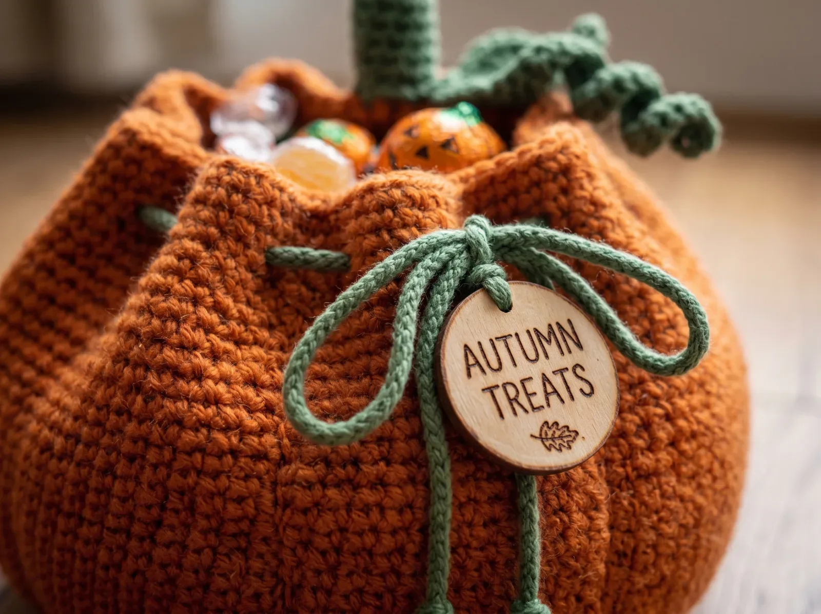 Crochet Pumpkin Treat Bag close-up preview