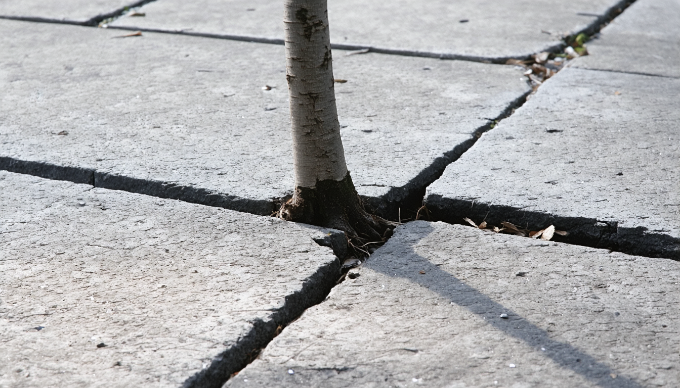 A single tree root emerging through a crack in aging concrete sidewalk, photographed from ground level in soft overcast light.