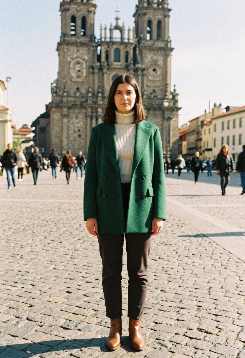 Forest green wrap coat over cream turtleneck with ankle boots in European plaza setting