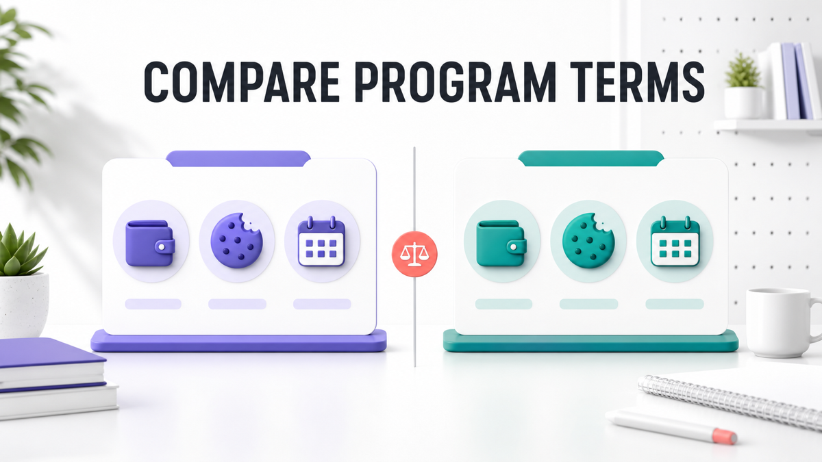 Comparison card showing percentage commission, fixed tiers, cookie, and payout checks