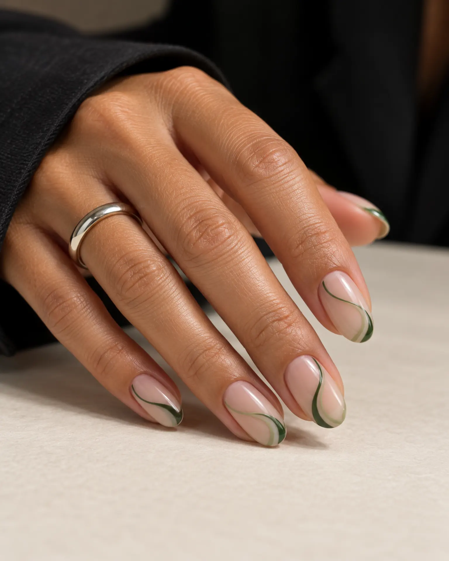 Green Fine-Line Swirl manicure inspiration for green nail ideas