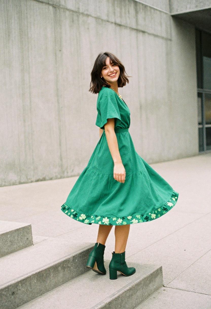Emerald wrap dress with shamrock lining twirling on urban steps for St. Patrick's Day