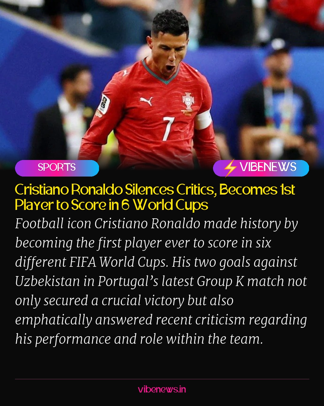 Cristiano Ronaldo Silences Critics, Becomes 1st Player to Score in 6 World Cups
