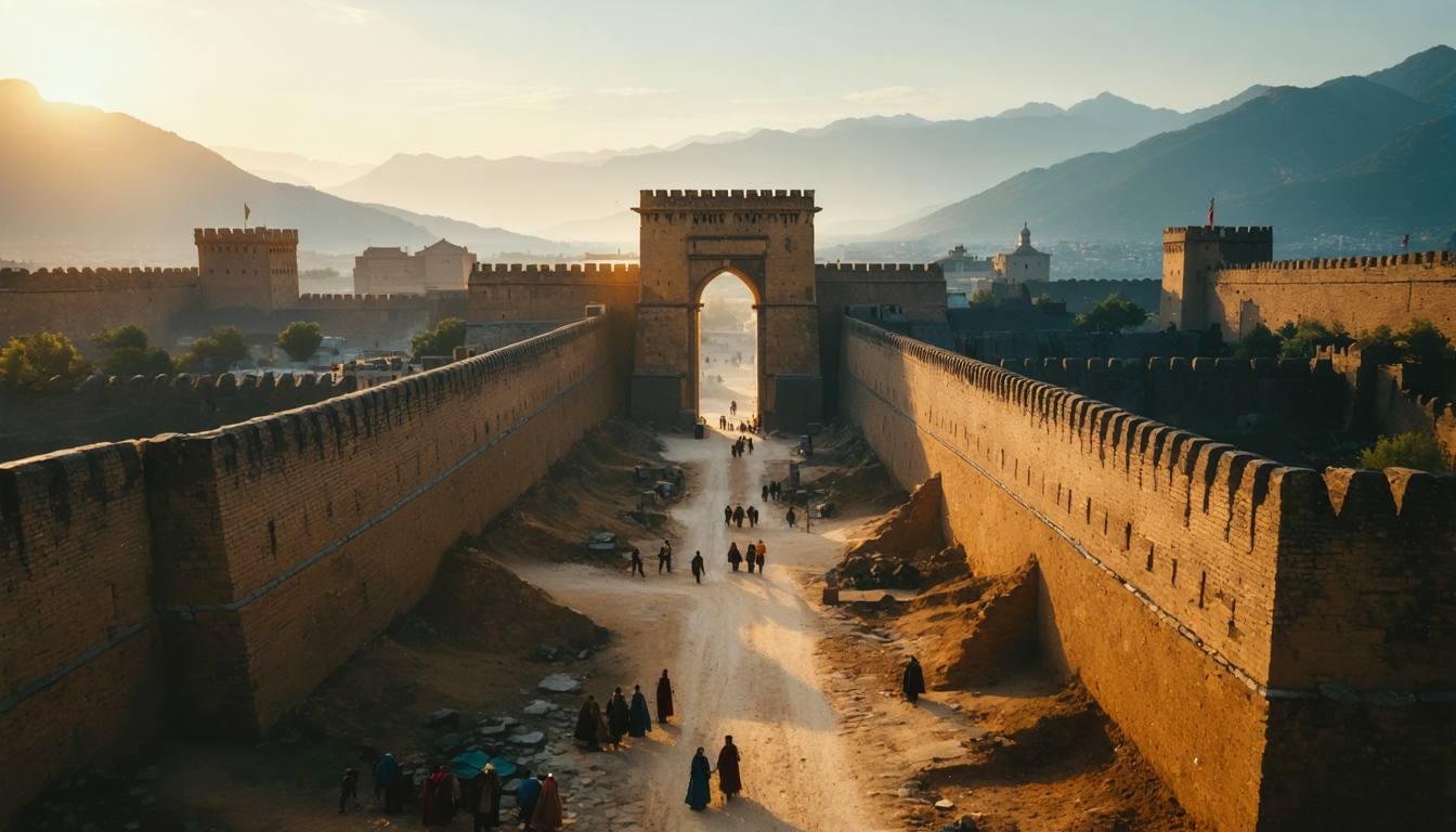 A walled city seen from above at dawn, with a single open gate and a long trade road extending into the distance.