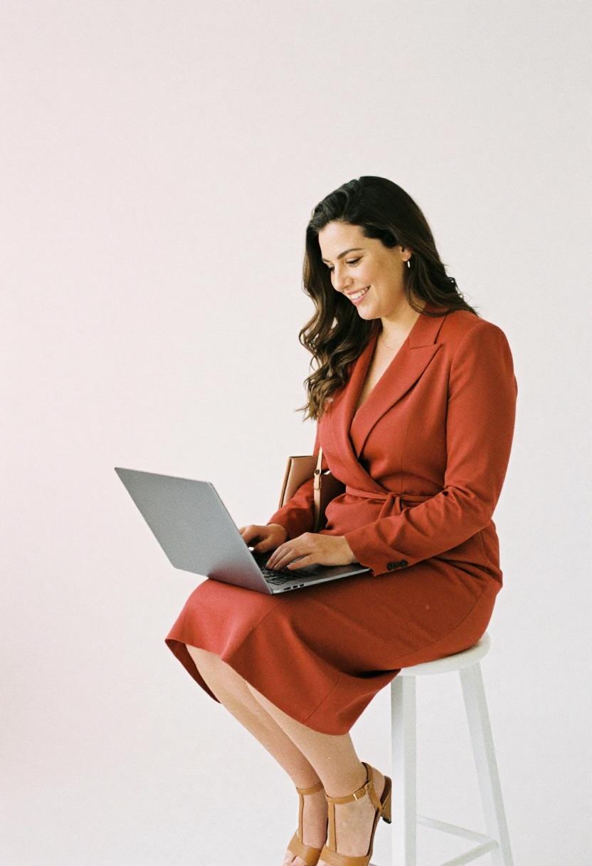 Terracotta plus size blazer dress with structured tote in minimal studio setting